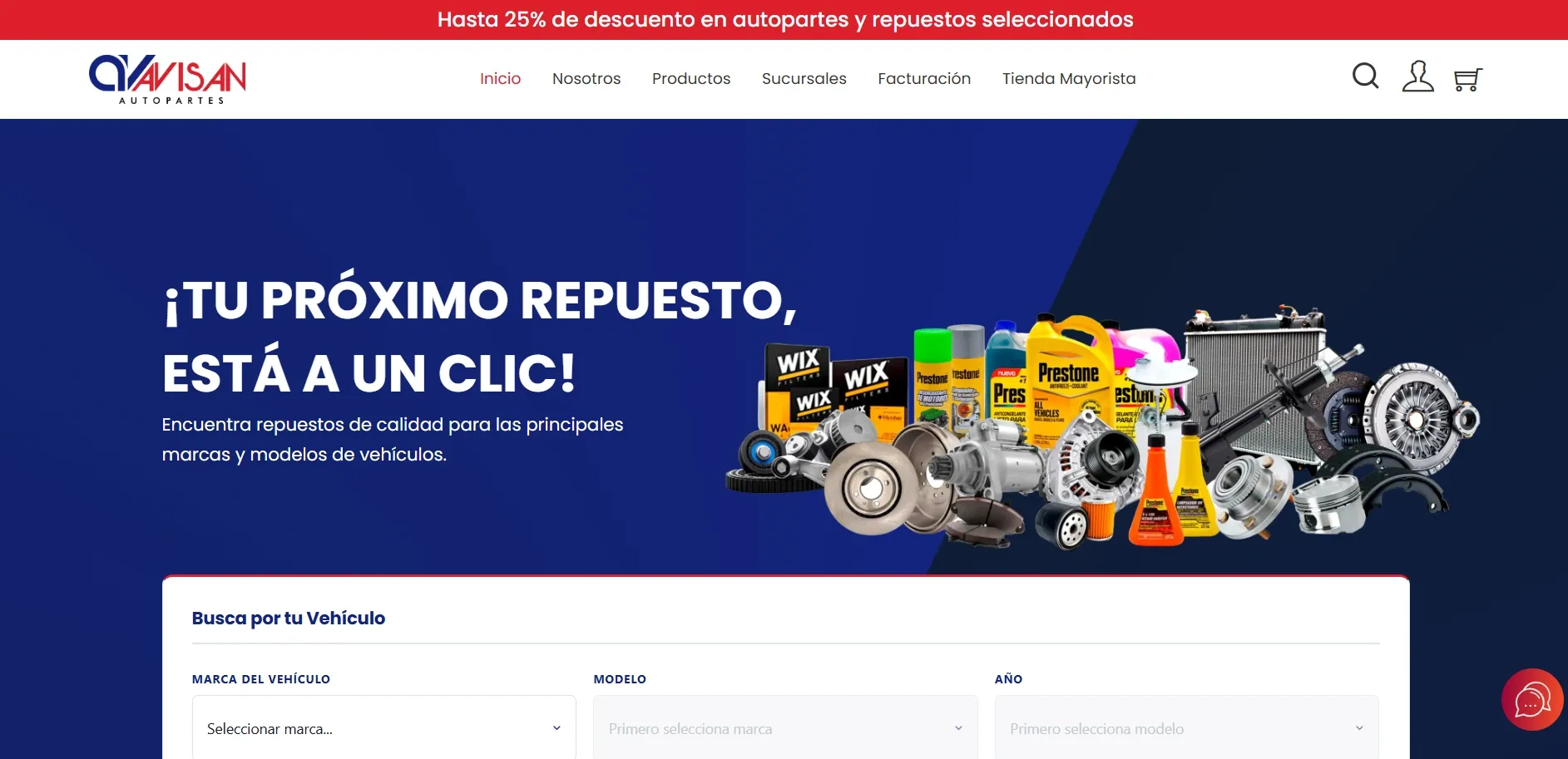 Captura de pantalla del sitio web de Avisan Autopartes